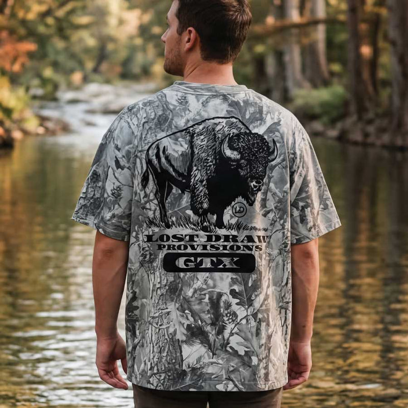 Heavyweight camo t-shirts designed and printed in Texas with a relaxed, oversized fit.