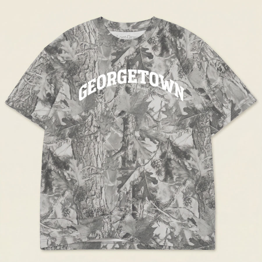 Georgetown Texas camo t-shirt vintage grey wood camouflage oversized graphic tee Lost Draw Provisions flay lay front