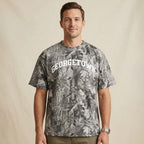 Male model wearing vintage grey wood camo t-shirt Georgetown Texas graphic tee relaxed fit unisex shirt