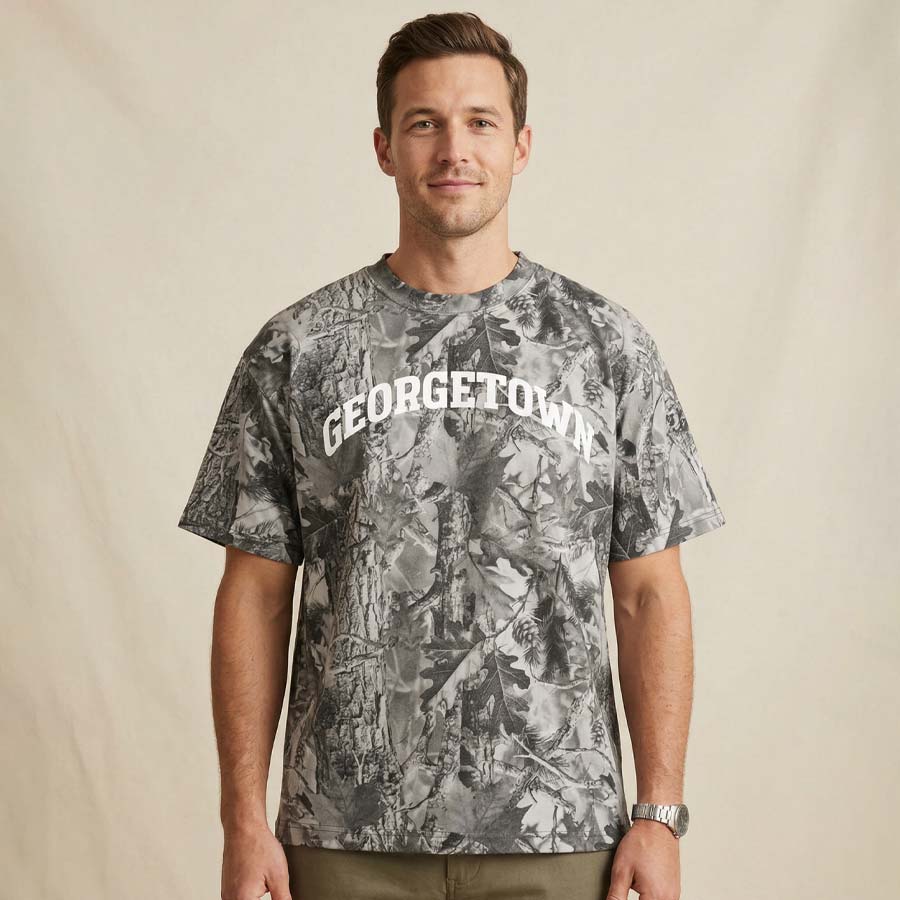 Male model wearing vintage grey wood camo t-shirt Georgetown Texas graphic tee relaxed fit unisex shirt