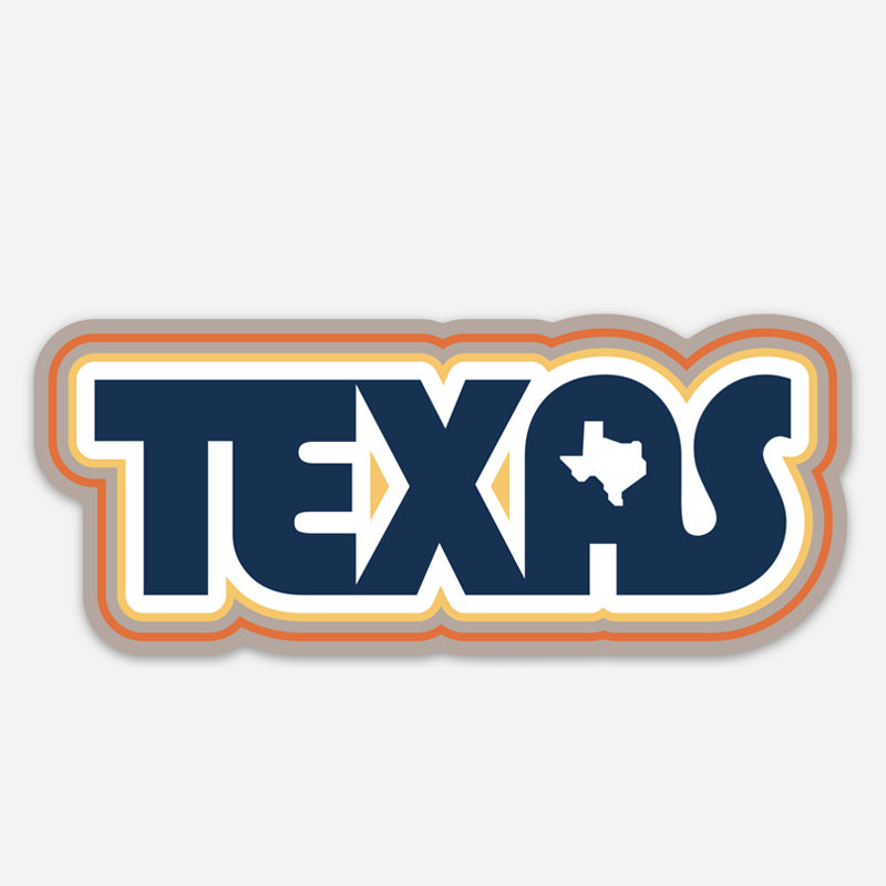 A die-cut sticker featuring the word 'TEXAS' in bold navy blue letters with a white outline, layered over orange and yellow retro-style borders on a light gray background.