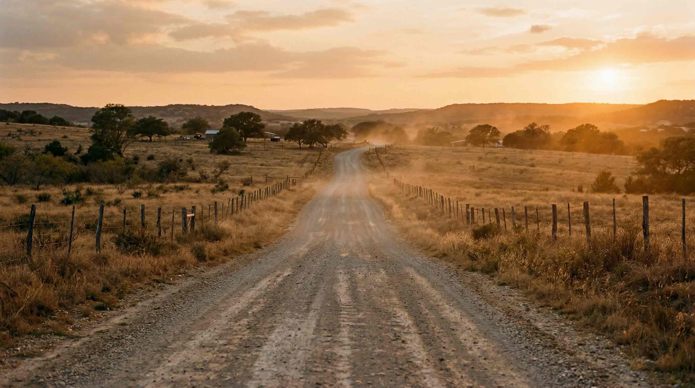 Gravel road leading into a sunset over a rural landscape with fences and trees.