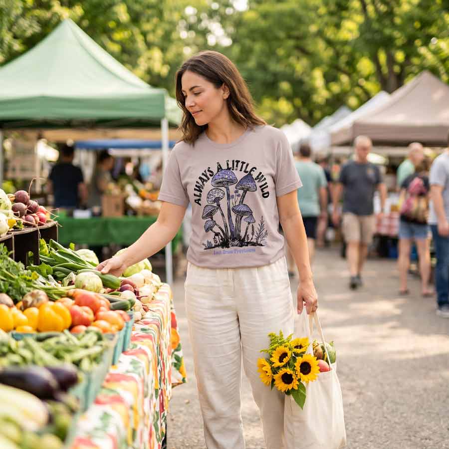 Woman wearing the Always a Little Wild mushroom tee while carrying flowers at an outdoor farmers market.
