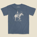 Dust and Reins Austin denim t-shirt with rugged western graphic flat lay