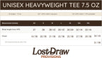 Measurement chart for a Bella+Canvas 4610 unisex heavyweight tee with Lost Draw Provisions branding.