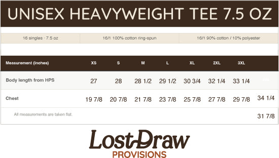 Measurement chart for a Bella+Canvas 4610 unisex heavyweight tee with Lost Draw Provisions branding.