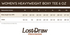 Measurement chart for women's heavyweight boxy tee with Lost Draw Provisions branding.