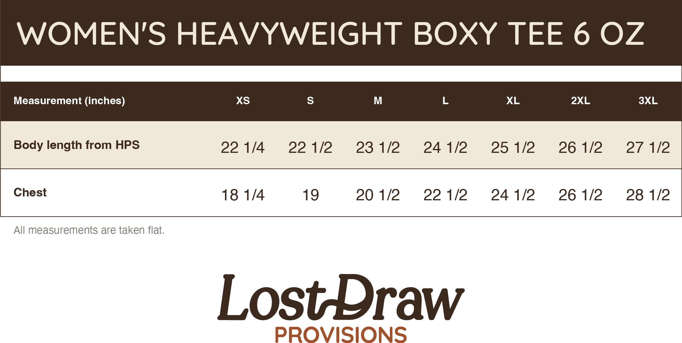 Measurement chart for women's heavyweight boxy tee with Lost Draw Provisions branding.