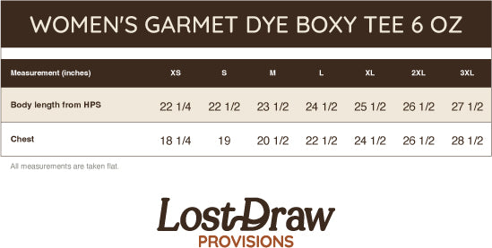 Measurement chart for women's garment dye boxy tee with Lost Draw Provisions branding.