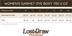 Measurement chart for women's garment dye boxy tee with Lost Draw Provisions branding.