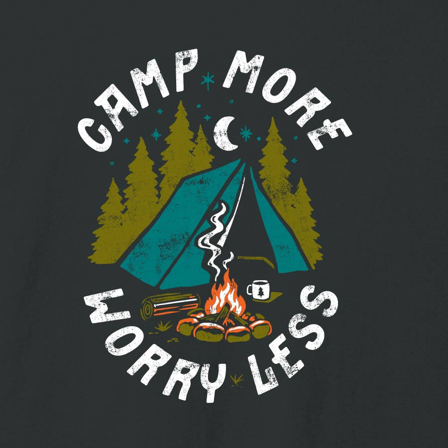 Camp More Worry Less camping tee on dark grey Bella+Canvas 3001