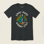 Camp More Worry Less Jersey Tee in Dark Grey with vintage tent, pine trees, and campfire graphic on the front.