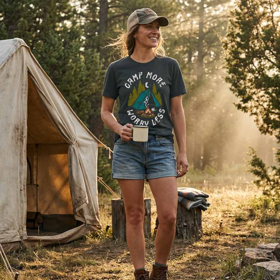 Model wearing the Dark Grey Camp More Worry Less graphic tee at a wooded campsite.
