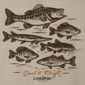 Back of tan Cast & Drift Jersey Tee featuring six vintage freshwater fish illustrations and Lost Draw Provisions lettering.