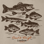 Back of tan Cast & Drift Jersey Tee featuring six vintage freshwater fish illustrations and Lost Draw Provisions lettering.