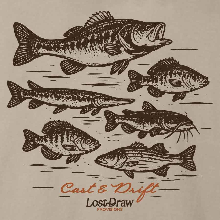 Back of tan Cast & Drift Jersey Tee featuring six vintage freshwater fish illustrations and Lost Draw Provisions lettering.