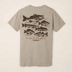 A light tan crewneck t-shirt shown from the back, featuring a graphic print of six fish in dark brown with the text 'Cast & Drift' and 'Lost Coast' in orange and brown below.