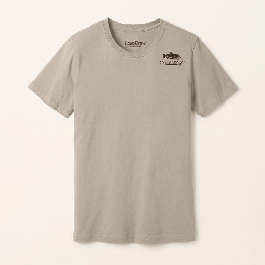 A light tan crewneck t-shirt with a small brown 'LostDraw' logo on the left chest, displayed flat against a light off-white background.