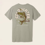 Back of Cold Water Club Tee featuring vintage distressed walleye fishing graphic in cream, olive and brown.