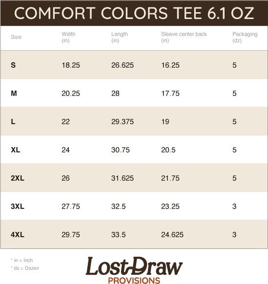 Size chart for Comfort Colors Tee 6.1 oz with Lost Draw Provisions branding.