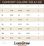 Size chart for Comfort Colors Tee 6.1 oz with Lost Draw Provisions branding.