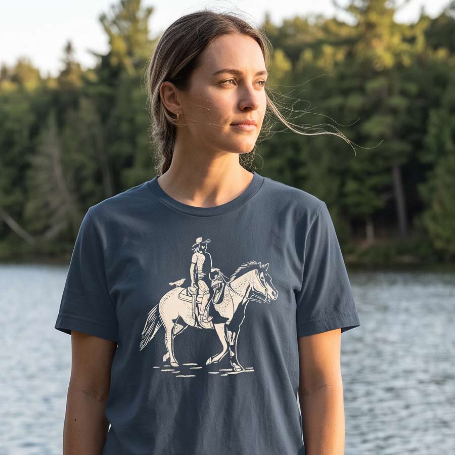Woman wearing the Dust & Reins Jersey Tee beside a freshwater lake, displaying the vintage cowgirl illustration.