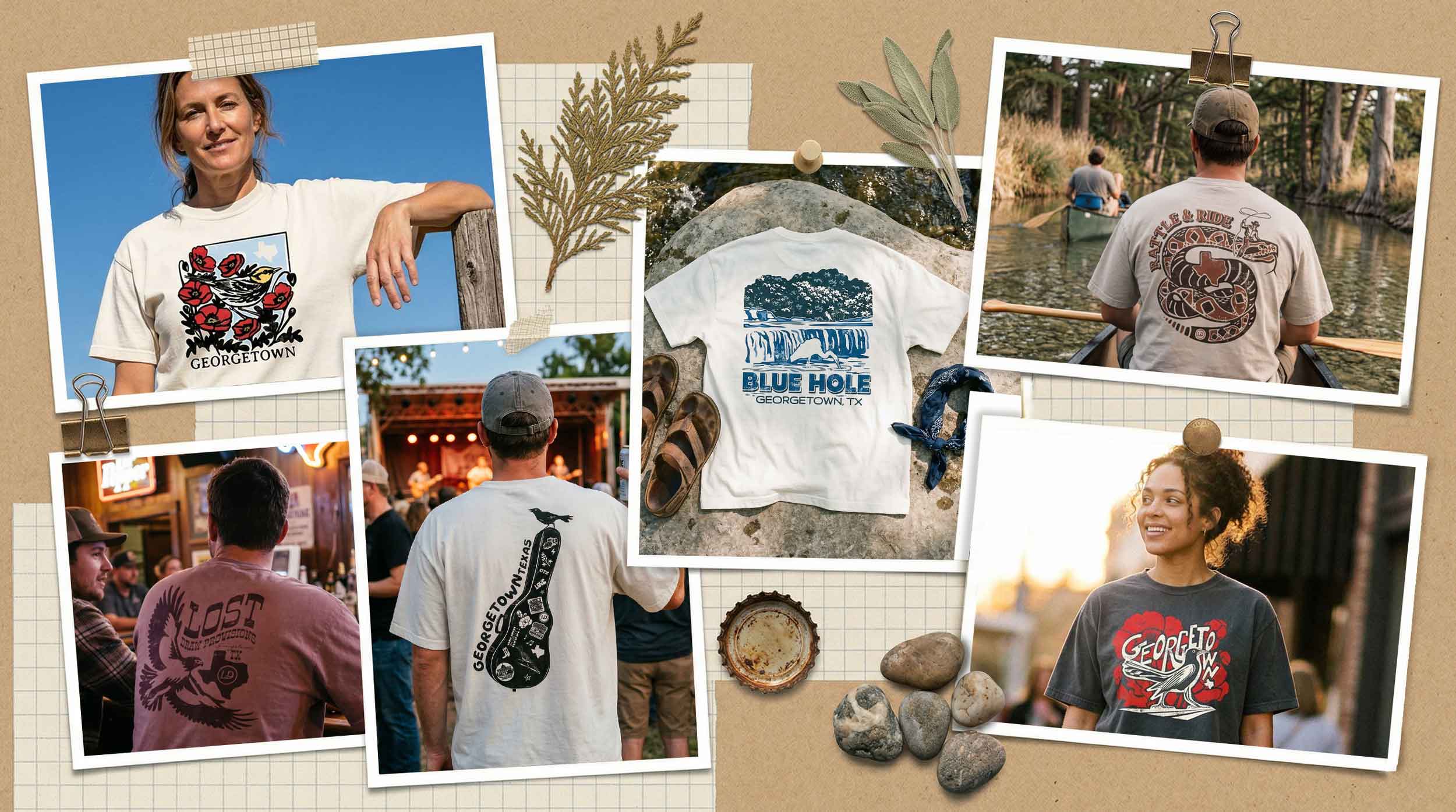 Collage of people wearing t-shirts with various designs on a textured background.