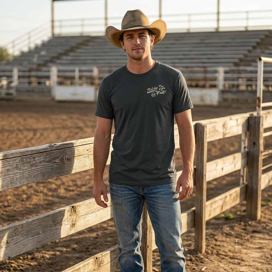 Man wearing the Dark Grey Giddy Up, Y'all Tee at a Texas rodeo arena, showing the small cream-colored front chest graphic.