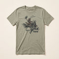 An thyme green short-sleeve t-shirt with a vintage-style graphic of a fly fisherman and the text 'gone FISHIN''. The brand 'Lost Draw' is printed inside the collar.