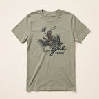 An thyme green short-sleeve t-shirt with a vintage-style graphic of a fly fisherman and the text 'gone FISHIN''. The brand 'Lost Draw' is printed inside the collar.
