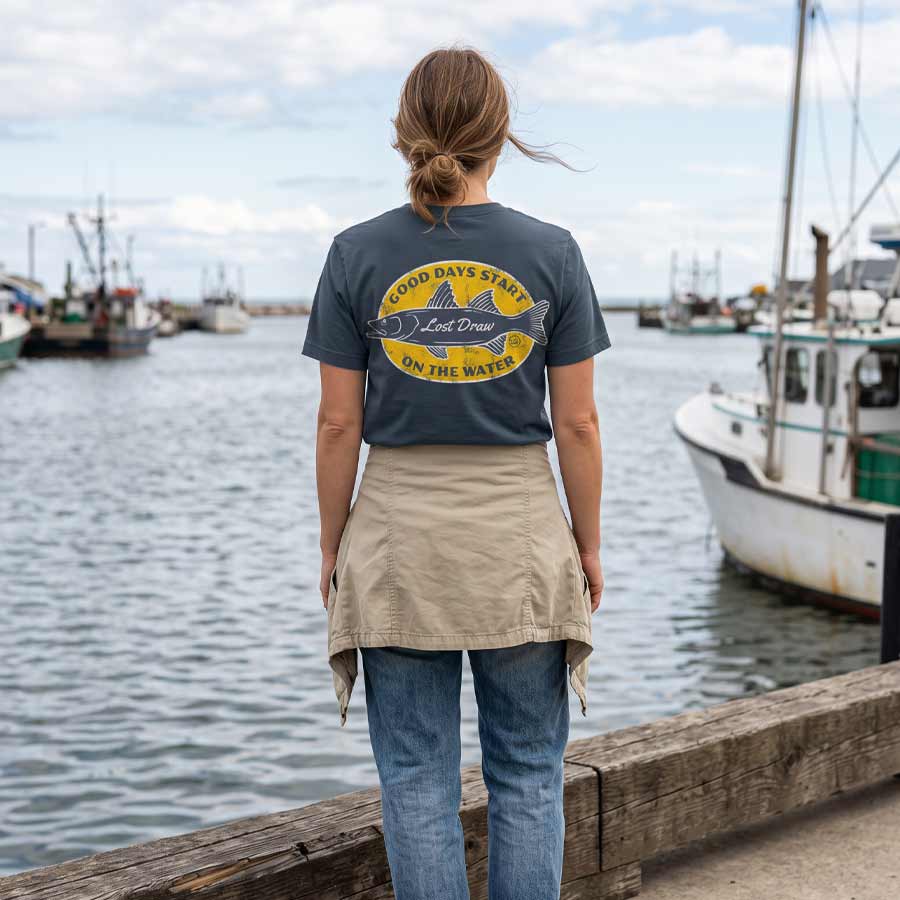 Woman wearing the On the Water Jersey Tee beside a Great Lakes harbor, displaying the vintage fishing graphic on the back.