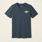 Front of the On the Water Jersey Tee in Vintage Navy with a small cream Lost Draw Provisions fish logo on the left chest.