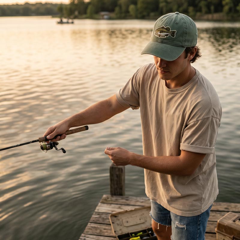 Man fishing on a dock by a lake during sunset