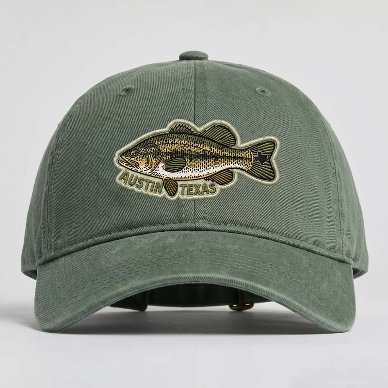 Green cap with fish emblem and 'Austin Texas' text on a light gray background