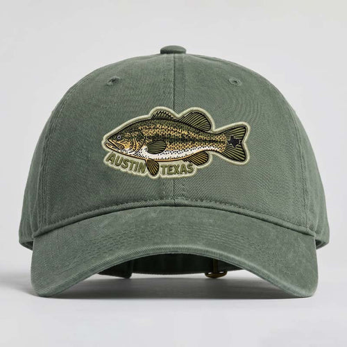 Green cap with fish emblem and 'Austin Texas' text on a light gray background
