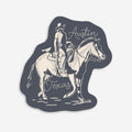 Sticker with a graphic of a person riding a horse and 'Austin Texas' text on a gray background