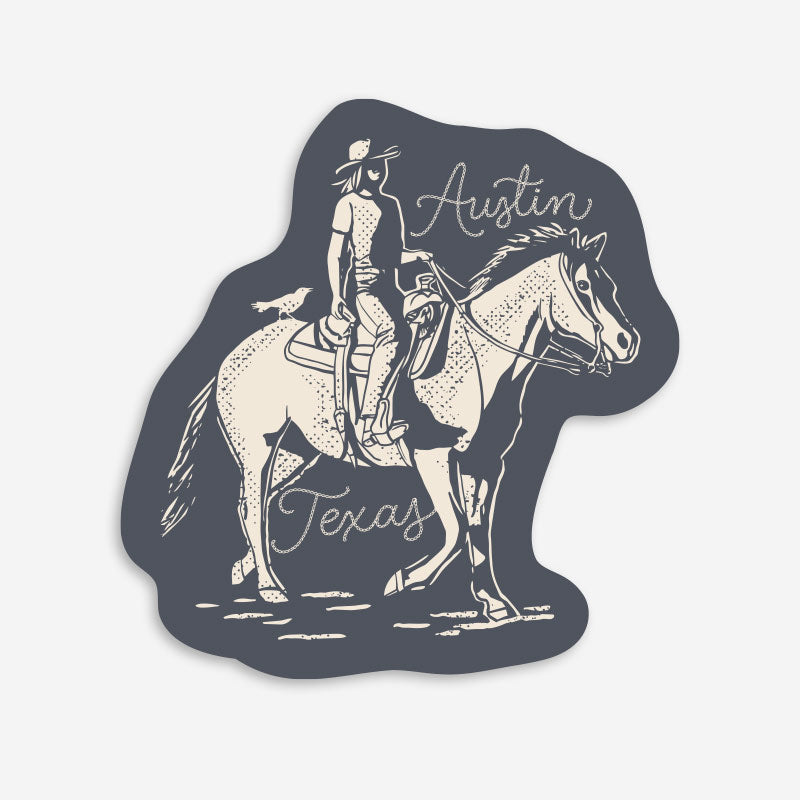 Sticker with a graphic of a person riding a horse and 'Austin Texas' text on a gray background