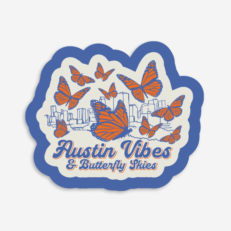 Sticker with butterflies and cityscape design on a light gray background