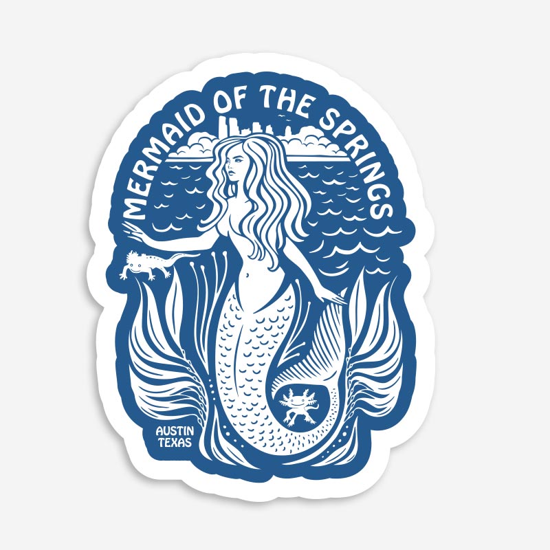 Mermaid of the Springs sticker with blue and white design on a light gray background