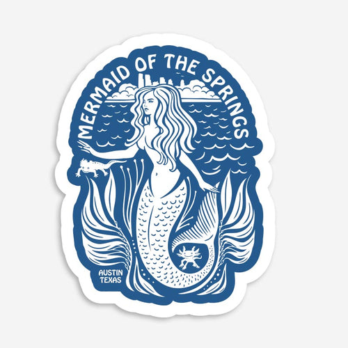 Mermaid of the Springs sticker with blue and white design on a light gray background