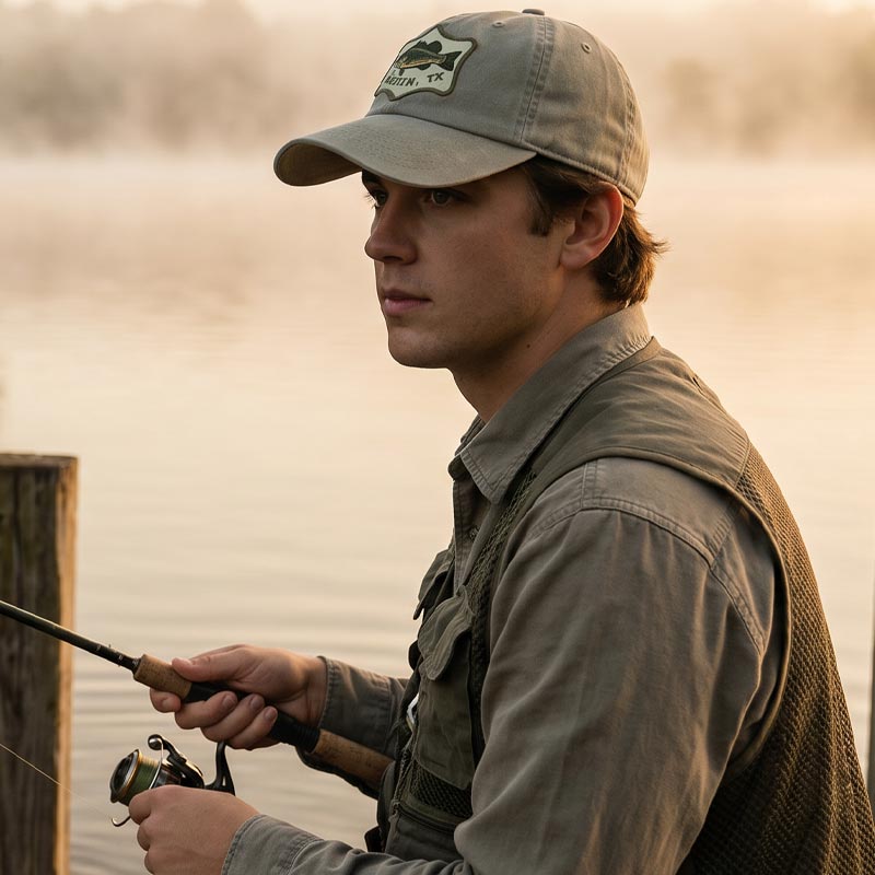 Man fishing by a body of water wearing a cap and jacket.