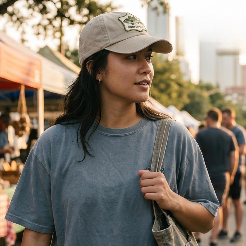 Woman wearing a cap and blue t-shirt at an outdoor market.
