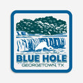 Sticker with illustration of Blue Hole, Georgetown, TX, featuring a bird and water.