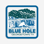 Sticker with illustration of Blue Hole, Georgetown, TX, featuring a bird and water.