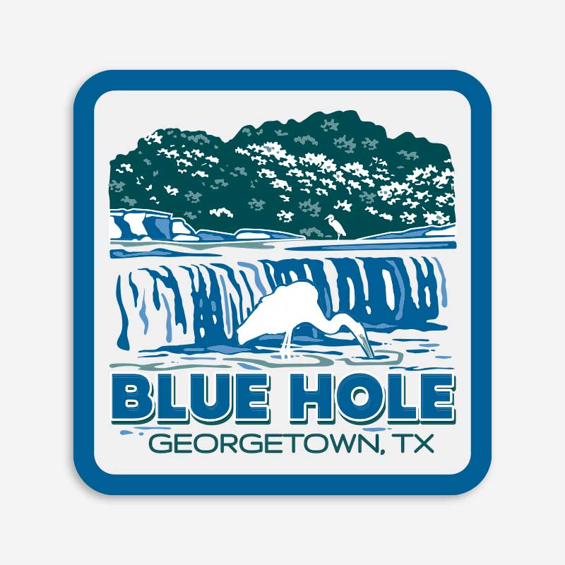 Sticker with illustration of Blue Hole, Georgetown, TX, featuring a bird and water.
