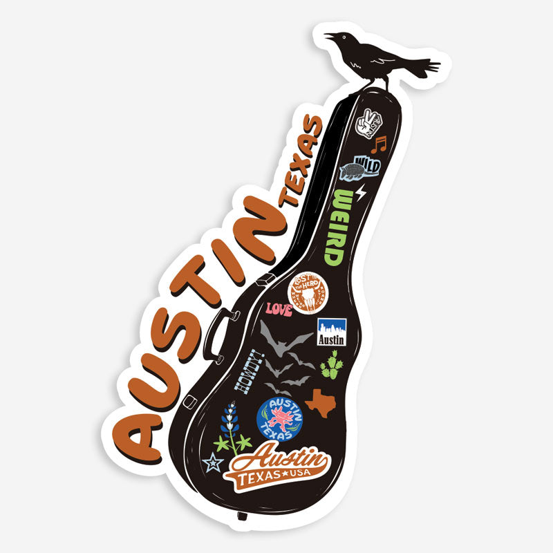 Guitar case with stickers and 'Austin, Texas' text on a white background