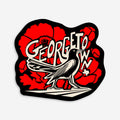 Sticker with bird design and 'Georgetown' text on a red floral background