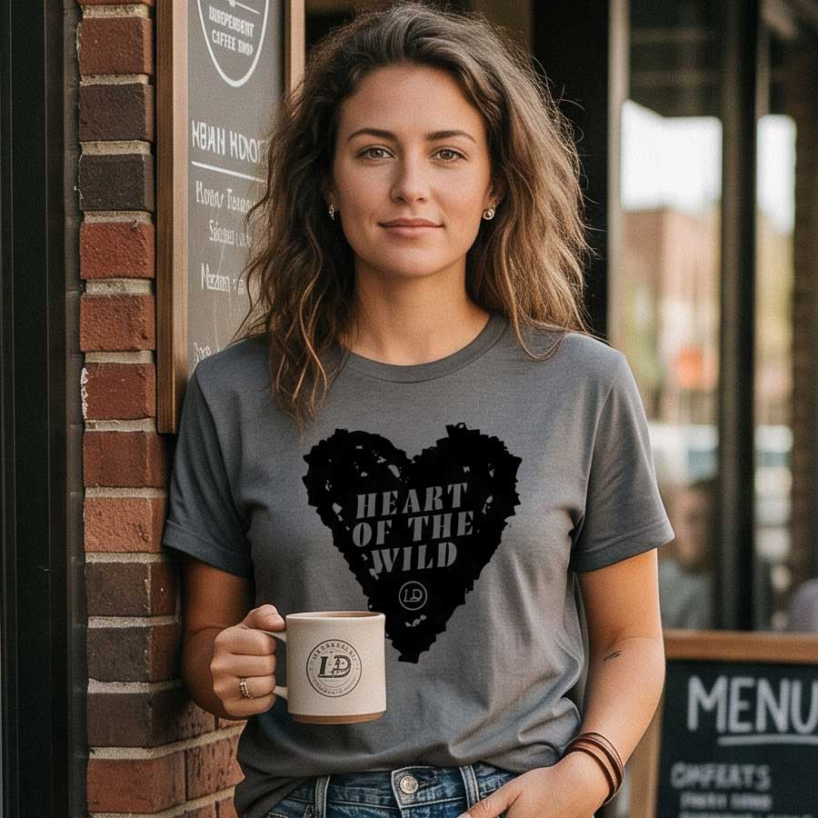 A woman wearing a heather gray t-shirt with a black heart graphic that reads 'HEART OF THE WILD' stands in front of a brick wall at a cafe, holding a beige ceramic mug.