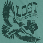 close up of Soaring hawk Texas graphic printed on light green t-shirt by Lost Draw Provisions