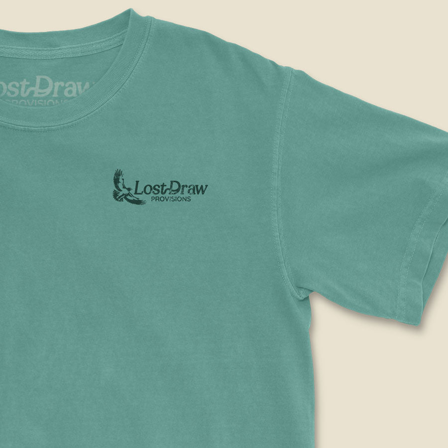 Teal t-shirt with 'LostDraw Provisions' logo on a beige background